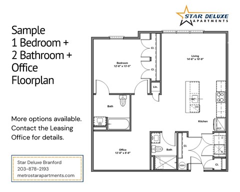 Floor plan for 1 bed, 2 baths, 893 sqft